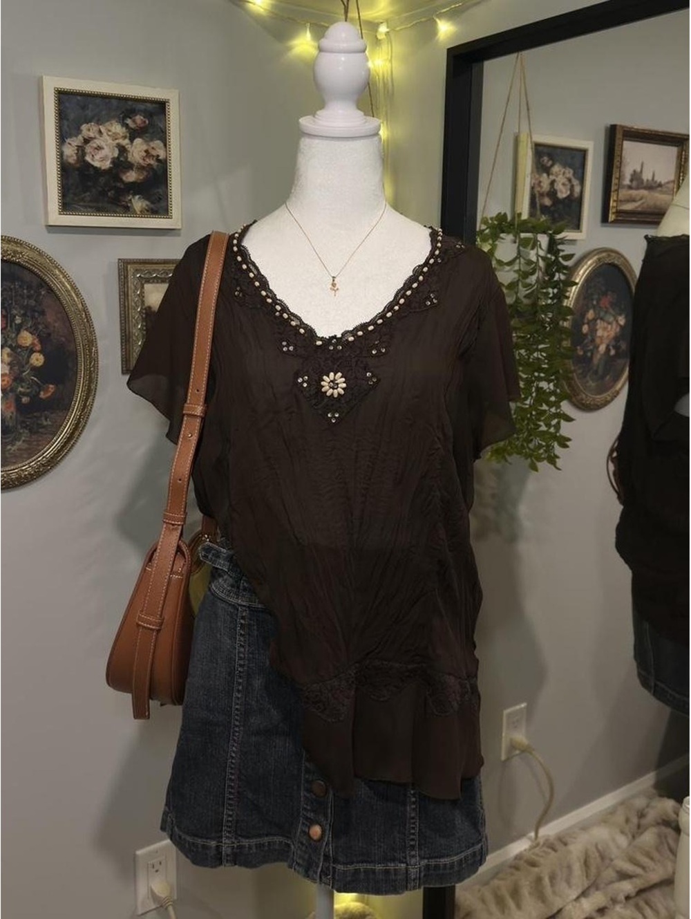 Y2K Sheer Embellished Tunic Top 🤎